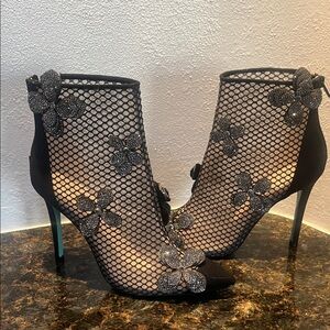Betsey Johnson Black Glitter Floral Mesh Booties
